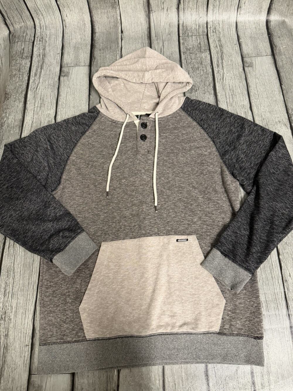 Men’s Ocean Current Henley Hoodie Colorblock Sz Large Tan Grey